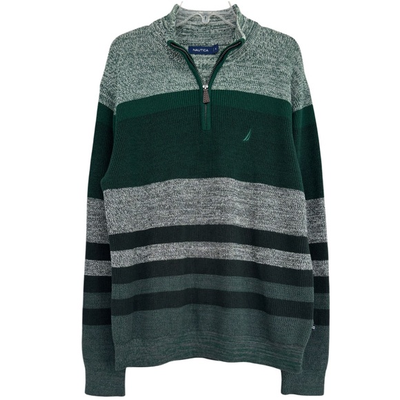 Nautica Quarter Zip Sweater Luxury Knit Colorblock Stripe Green Gray Men Size XL - Picture 2 of 16